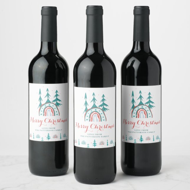 Étiquette Pour Bouteilles De Vin Joyeux Noël Moderne Fête Arc-en-ciel Arbres Vin (Bouteilles)