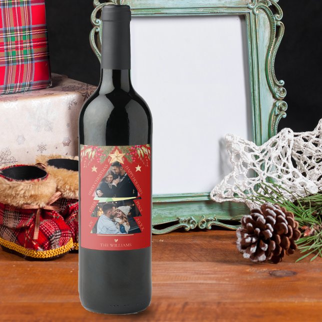 Étiquette Pour Bouteilles De Vin Joyeux Noël Multi Photo Tree Red Holiday (Merry Christmas Multi Photo Tree Red Holiday Wine Label)