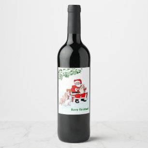 Étiquette Pour Bouteilles De Vin Joyeux Noël! Père Noël avec chat et chien