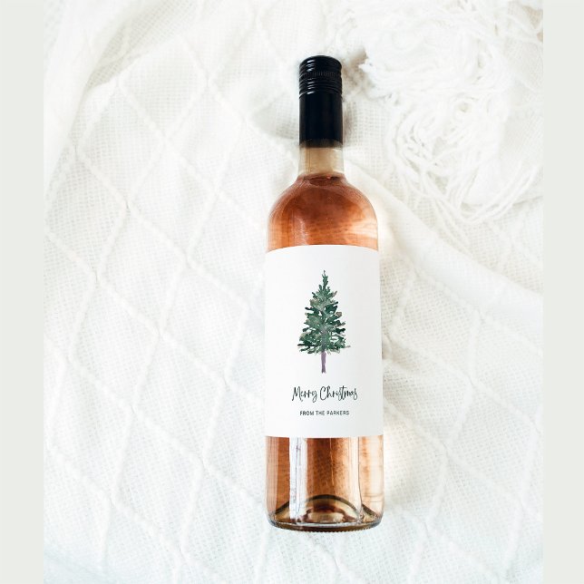 Étiquette Pour Bouteilles De Vin Joyeux Noël | Pin simple minimal (A simple and stylish Christmas holiday wine label with an elegant pine tree)