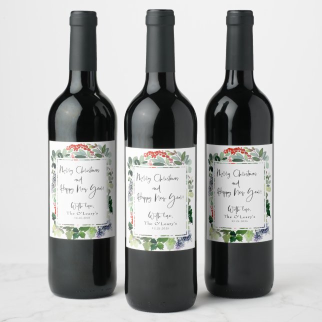 Étiquette Pour Bouteilles De Vin Joyeux Noël Red Holly Modern Script  (Bouteilles)