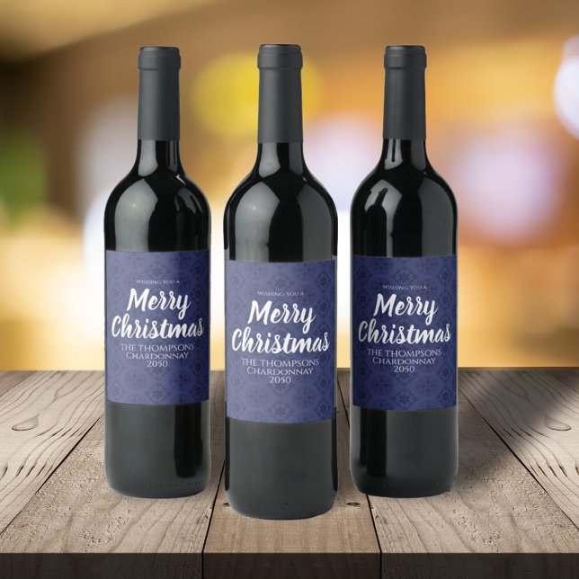 Étiquette Pour Bouteilles De Vin Joyeux Noël Rouge Bleu Marine Simple Flocon de nei (Créateur téléchargé)