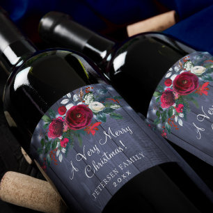 Étiquette Pour Bouteilles De Vin Joyeux Noël rouge floral marine grange nom de fami