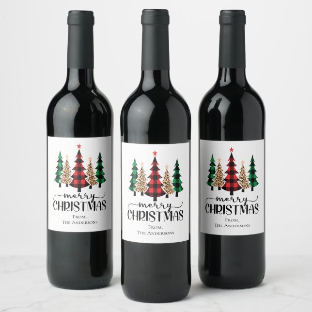 Étiquette Pour Bouteilles De Vin Joyeux Noël Rouge Vert et Noir Plaid Arbres (Bouteilles)