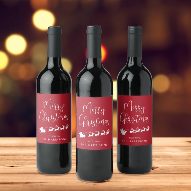 Étiquette Pour Bouteilles De Vin Joyeux Noël Santas Sleigh Red (Créateur téléchargé)