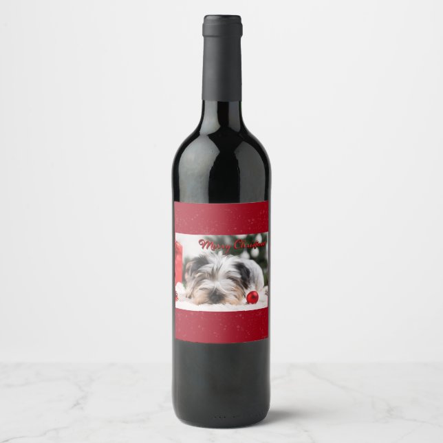 Étiquette Pour Bouteilles De Vin Joyeux Noël Terrier animal de compagnie chien mign (Devant)