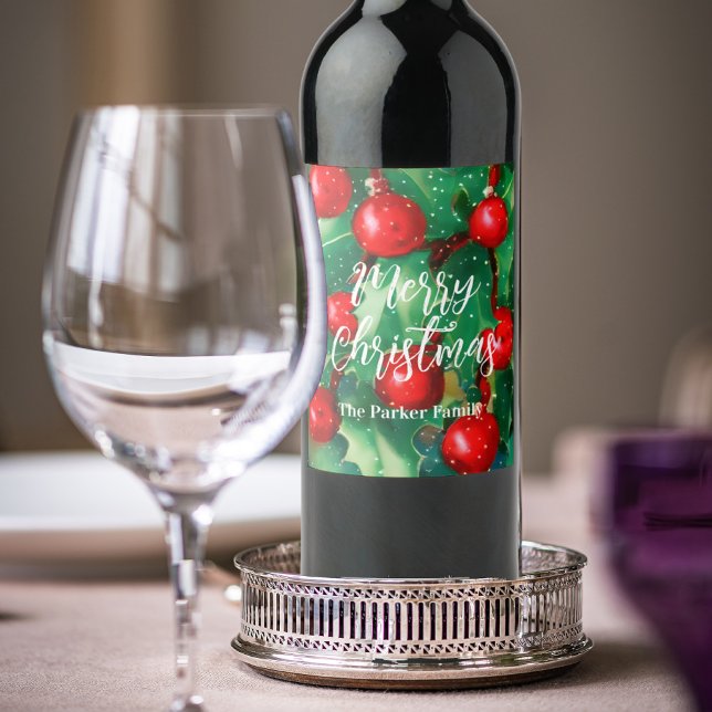Étiquette Pour Bouteilles De Vin Joyeux Noël Verdure Et Baies Rouges (Créateur téléchargé)