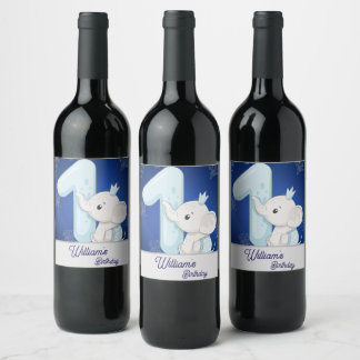Étiquette Pour Bouteilles De Vin Joyeux Premier Anniversaire de Bébé Éléphant Migno