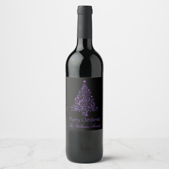 Étiquette Pour Bouteilles De Vin Joyeux sapin de Noël Black Metallic Purple Look (Devant)