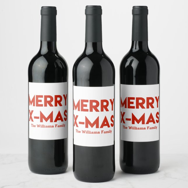 Étiquette Pour Bouteilles De Vin Joyeux X-Mas, Typographie Rouge moderne Noël (Bouteilles)