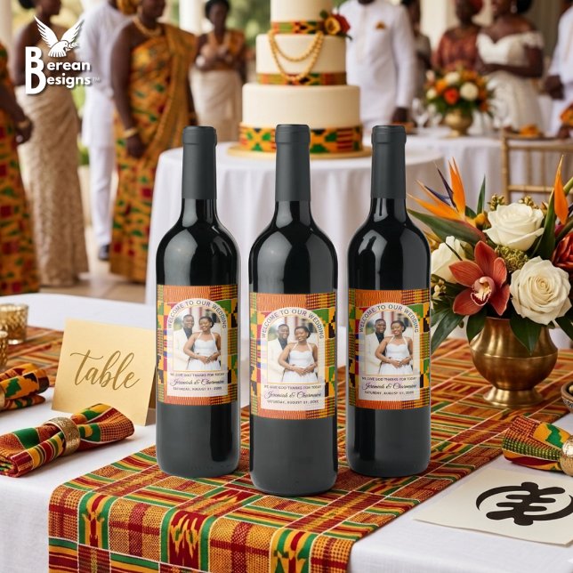 Étiquette Pour Bouteilles De Vin Kente Photo Nom Personnalisé MARIAGE (These elegant Kente photo wine labels will elevate your wedding table presentation! )