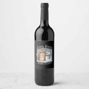 Étiquette Pour Bouteilles De Vin Kitten Cat and Snowman Friends Share Coffee Winter