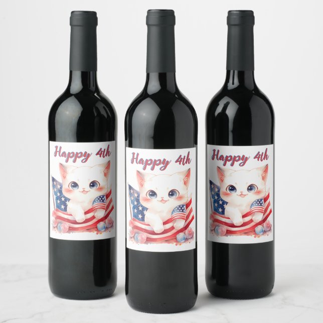 Étiquette Pour Bouteilles De Vin Kitten patriotique 4 juillet Happy 4th Custom (Bouteilles)