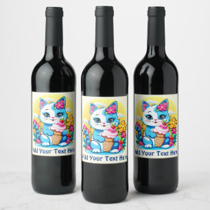 Étiquette Pour Bouteilles De Vin Kitty Chat avec crème glacée Summer Kawaii Caractè