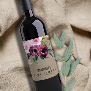 ÉTIQUETTE POUR BOUTEILLES DE VIN KRAFT BLUSH BURGUNDY BABY SHOWER FLORAL BUNCH