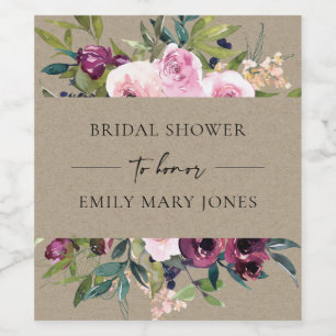 ÉTIQUETTE POUR BOUTEILLES DE VIN KRAFT BLUSH BURGUNDY FLORAL BUNCH FÊTE DES MARIÉES