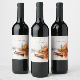 Étiquette Pour Bouteilles De Vin Lac romantique d'automne et Mariage de bateau