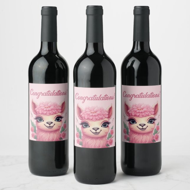 Étiquette Pour Bouteilles De Vin Lama bébé rose souriant (Bouteilles)