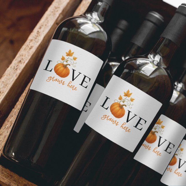 Étiquette Pour Bouteilles De Vin L'AMOUR grandit ici | Lettres citrouilles Automne (Créateur téléchargé)