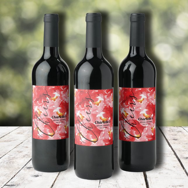 Étiquette Pour Bouteilles De Vin Lancement de mariage aux roses rouges aquarelle (Watercolor red roses floral bridal shower wine bottle personalized labels)