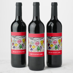 Étiquette Pour Bouteilles De Vin lanternes chinoises aquarelle art