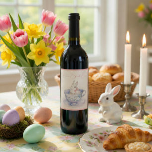 Étiquette Pour Bouteilles De Vin Lapin à l'aquarelle dans une tasse à thé Étiquet