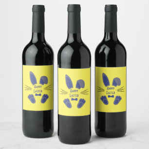Étiquette Pour Bouteilles De Vin Lapin de Pâques Joyeuses Pâques Bleu et Jaune