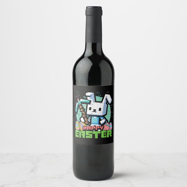 Étiquette Pour Bouteilles De Vin Lapin de Pâques Pixel Game Joyeux  (Devant)
