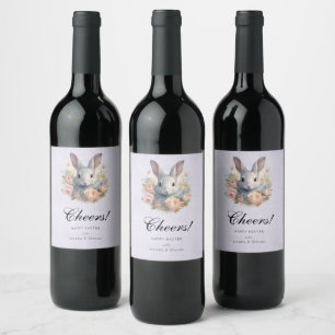 Étiquette Pour Bouteilles De Vin Lapin entouré de fleurs pastel Cheers mignon