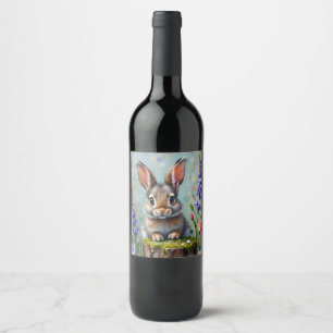 Étiquette Pour Bouteilles De Vin Lapin Fluffy dans un champ de fleurs