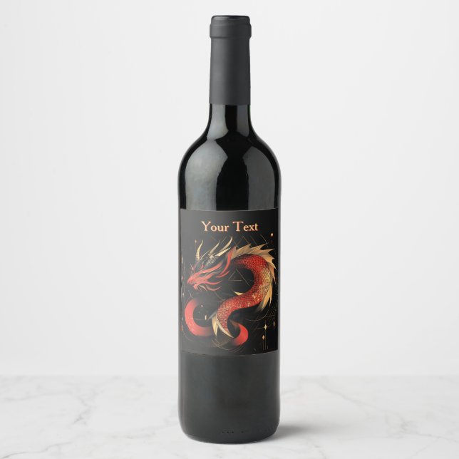 Étiquette Pour Bouteilles De Vin L'art majestueux du Dragon chinois rouge et or (Devant)
