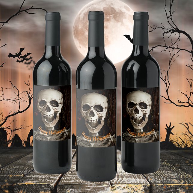 Étiquette Pour Bouteilles De Vin Laughing Skeleton Halloween Personnalisé (Créateur téléchargé)