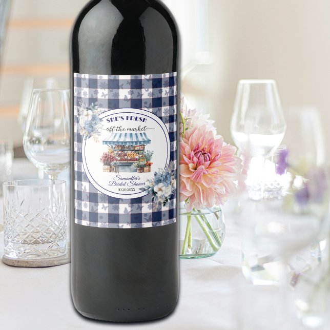 Étiquette Pour Bouteilles De Vin Lavage Blue Gingham Floral Fête de Mariage (Créateur téléchargé)