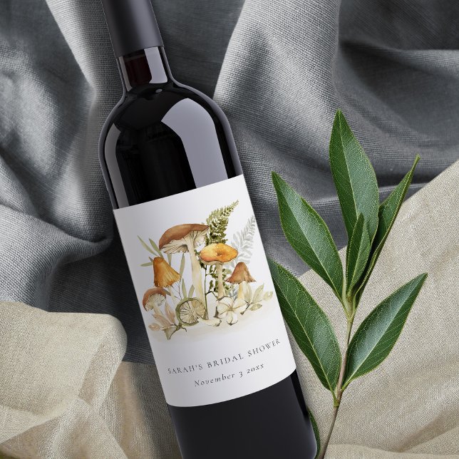 Étiquette Pour Bouteilles De Vin Lavage de champignon orange rouille fougère feuill (Créateur téléchargé)