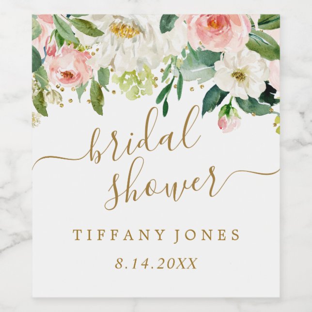 Étiquette Pour Bouteilles De Vin Lavage Floral Rose Gold Confetti Fête de Mariage (Étiquettes simples)
