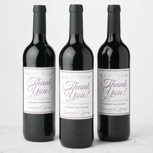 Étiquette Pour Bouteilles De Vin Lavande violet sur blanc Merci de mariage élégant (Bouteilles)