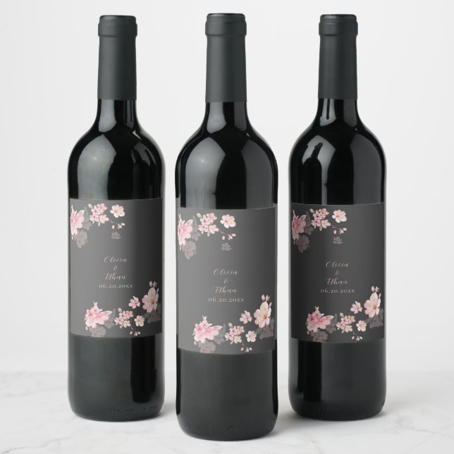 Étiquette Pour Bouteilles De Vin Le chic sakura rose sur un gris foncé (Bouteilles)