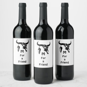 Étiquette Pour Bouteilles De Vin Le crâne taureau de Longhorn avec la plume noire