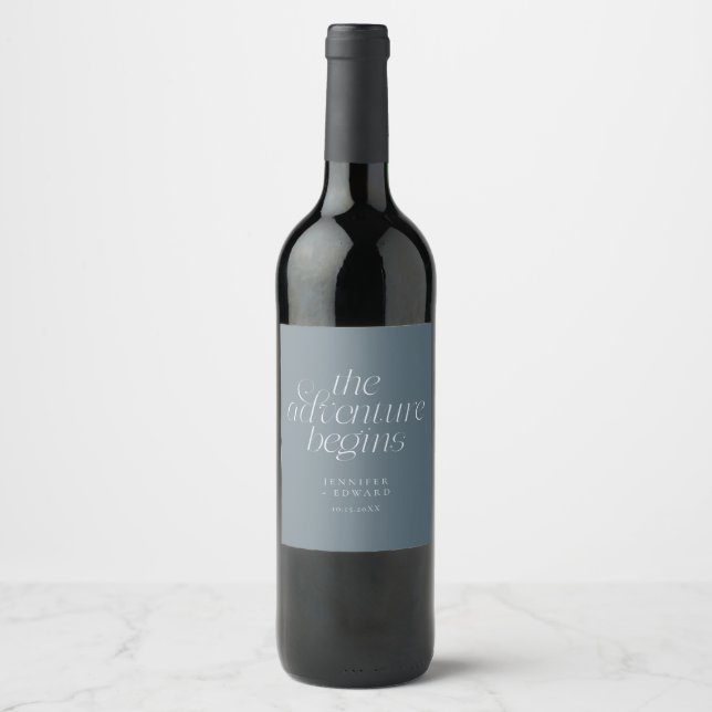 Étiquette Pour Bouteilles De Vin Le Mariage Débute Aventure Bleu Ardoise (Devant)