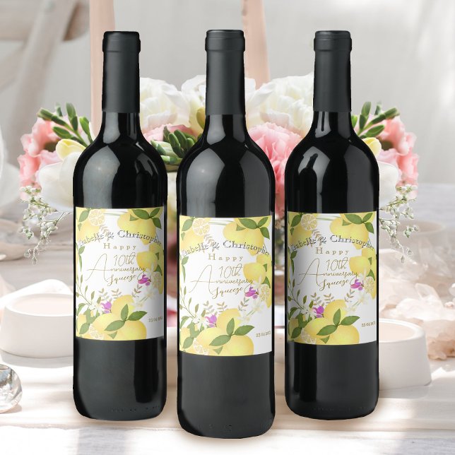 Étiquette Pour Bouteilles De Vin Lemon Squeeze  (10th Wedding Anniversary Wine Label)