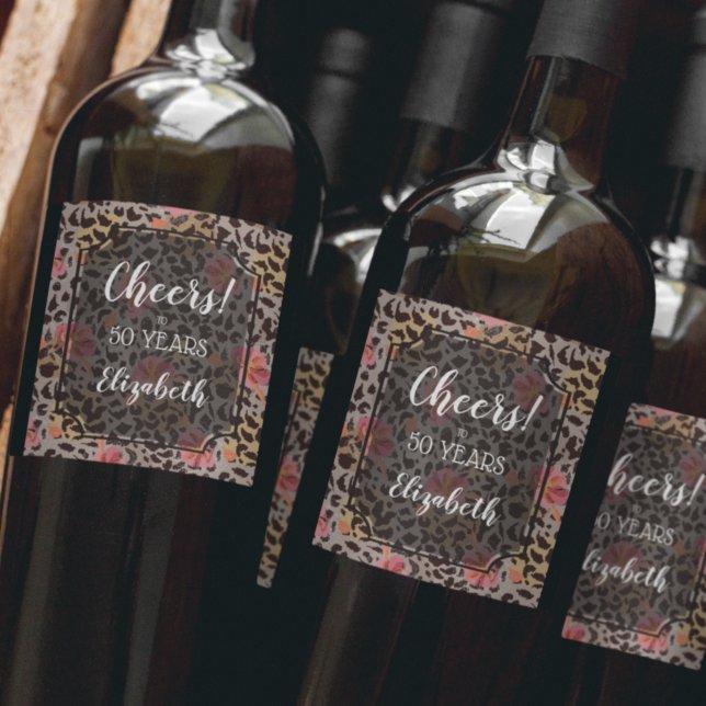 Étiquette Pour Bouteilles De Vin Léopard Poster de animal Tropical Rose Floral (Créateur téléchargé)