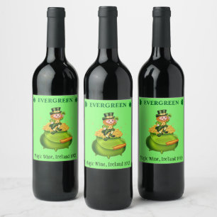 Étiquette Pour Bouteilles De Vin Leprechaun magique & pot d'or sur vert néo menthe