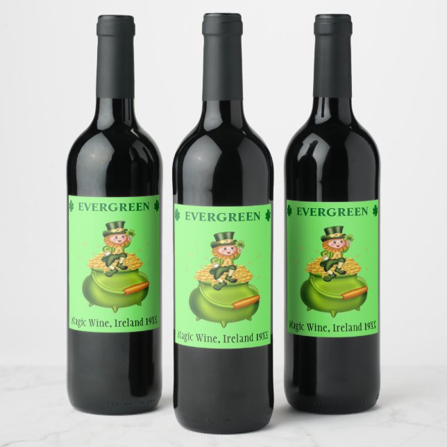 Étiquette Pour Bouteilles De Vin Leprechaun magique & pot d'or sur vert néo menthe (Bouteilles)