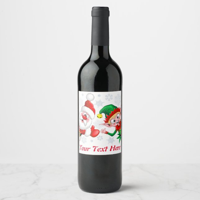 Étiquette Pour Bouteilles De Vin Les personnages de Noël de père Noël et Elf (Devant)