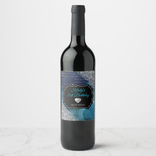Étiquette Pour Bouteilles De Vin Lettres de Sirène Bleu Turquoise Paillettes Argent