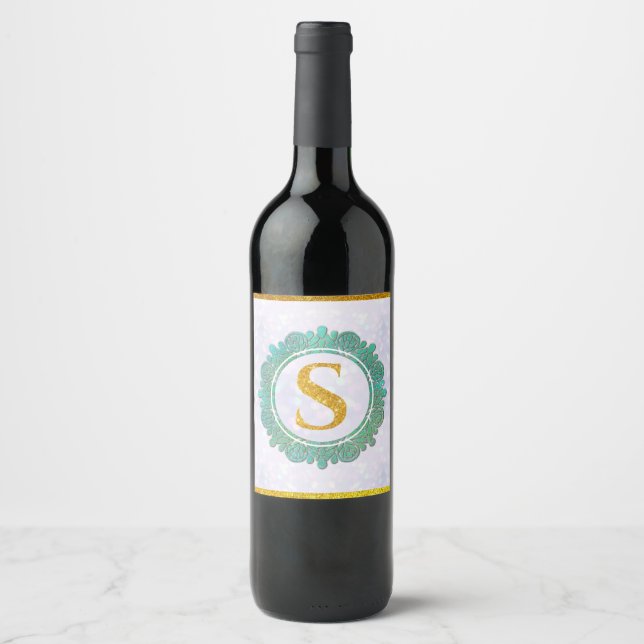 Étiquette Pour Bouteilles De Vin Lettres Initiales Monogramme Élégant avec Mandala (Devant)
