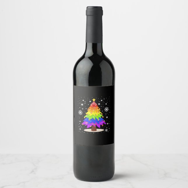Étiquette Pour Bouteilles De Vin LGBT Flag Christmas Tree Merry Christmas Gay LGBT  (Devant)
