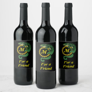 Étiquette Pour Bouteilles De Vin Lizard, un alligator tribal, qui serre un monogram