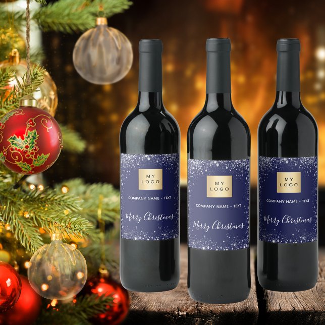 Étiquette Pour Bouteilles De Vin logo entreprise pailleté bleu argent de Noël (Créateur téléchargé)
