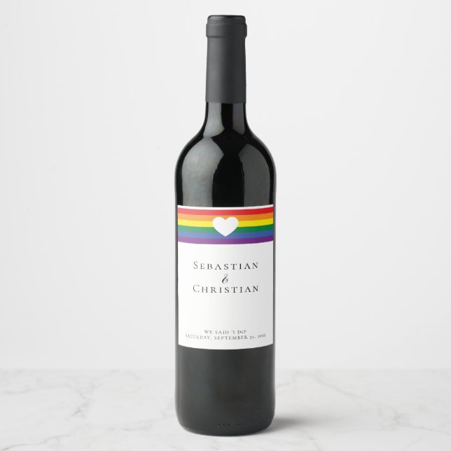 Étiquette Pour Bouteilles De Vin Love Heart et Rainbow Gay Mariage (Devant)
